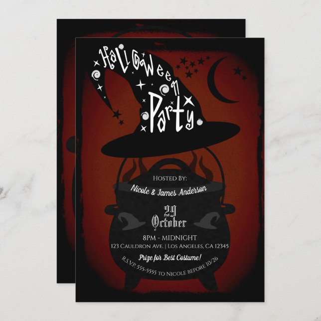 Vintage Witch Cauldron Red Halloween Party Retro Invitation (Front/Back)
