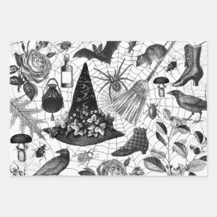 Vintage Witch Floral Halloween Ephemera Wrapping Paper Sheet