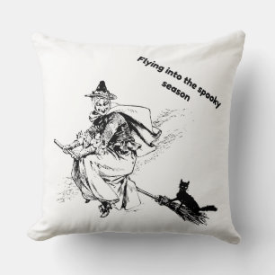 Vintage Witch Flying Into The Spooky Season Hallow Cushion