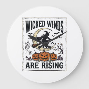 Vintage Witch Halloween Broomstick Pumpkin Moon Ar Large Clock