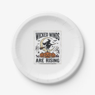 Vintage Witch Halloween Broomstick Pumpkin Moon Ar Paper Plate