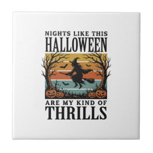 Vintage Witch Halloween Fright Scene Engraving Des Ceramic Tile