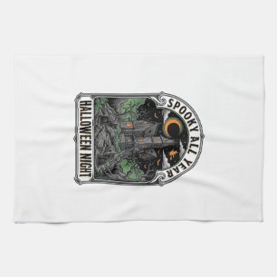 Vintage Witch Halloween Haunted House Shirt_1 Tea Towel