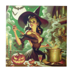 Vintage Witch Halloween Pin-Up Ceramic Tile