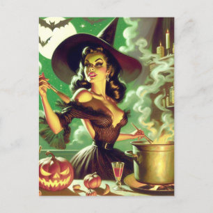 Vintage Witch Halloween Pin-Up Postcard
