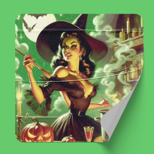Vintage Witch Halloween Pin-Up Square Sticker