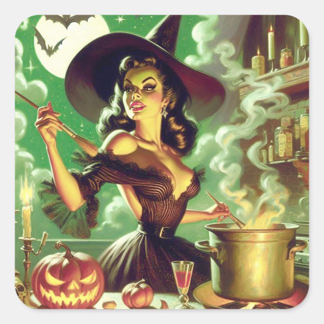 Vintage Witch Halloween Pin-Up Square Sticker (Front)