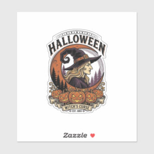 Vintage Witch Halloween Pumpkin Moon Engraving Art