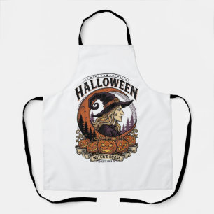 Vintage Witch Halloween Pumpkin Moon Engraving Art Apron