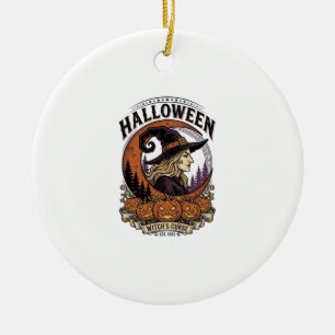 Vintage Witch Halloween Pumpkin Moon Engraving Art Ceramic Ornament