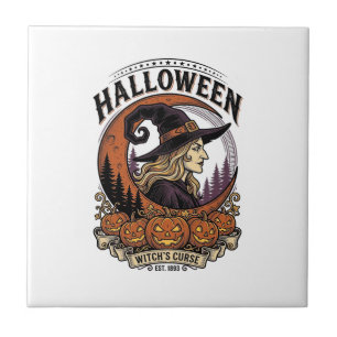 Vintage Witch Halloween Pumpkin Moon Engraving Art Ceramic Tile