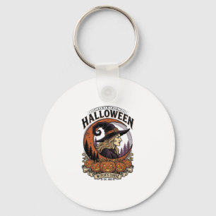 Vintage Witch Halloween Pumpkin Moon Engraving Art Key Ring