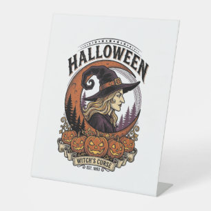 Vintage Witch Halloween Pumpkin Moon Engraving Art Pedestal Sign