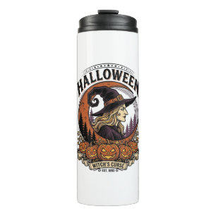 Vintage Witch Halloween Pumpkin Moon Engraving Art Thermal Tumbler