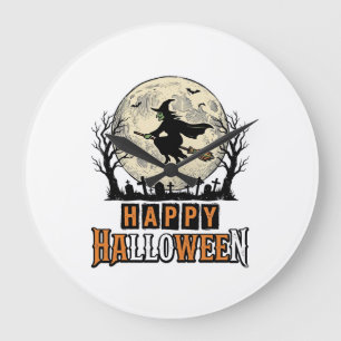 Vintage Witch Happy Halloween Vector Design_1 Large Clock