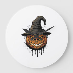 Vintage Witch Hat Pumpkin Halloween Graphic_1 Large Clock