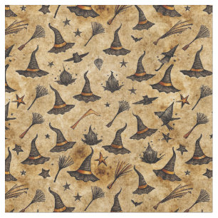 Vintage Witch Hats & Broomsticks Halloween Pattern Fabric