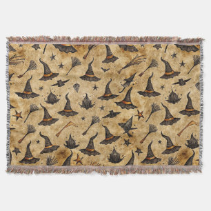 Vintage Witch Hats & Broomsticks Halloween Pattern Throw Blanket