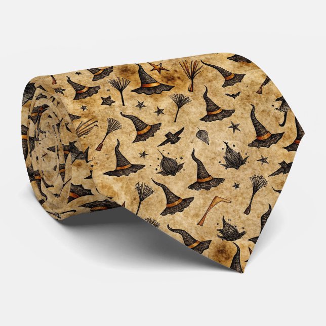 Vintage Witch Hats & Broomsticks Halloween Pattern Tie (Rolled)