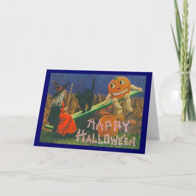 Vintage Witch & Jack o' Lanterns Play Time Card (Front)