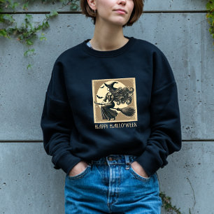 Vintage Witch on Broom Full Moon & Bats Halloween Sweatshirt