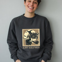 Vintage Witch on Broom Full Moon & Bats Halloween