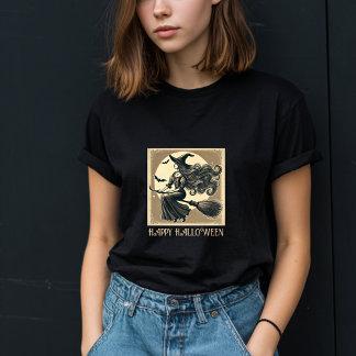 Vintage Witch on Broom Full Moon & Bats Halloween T-Shirt
