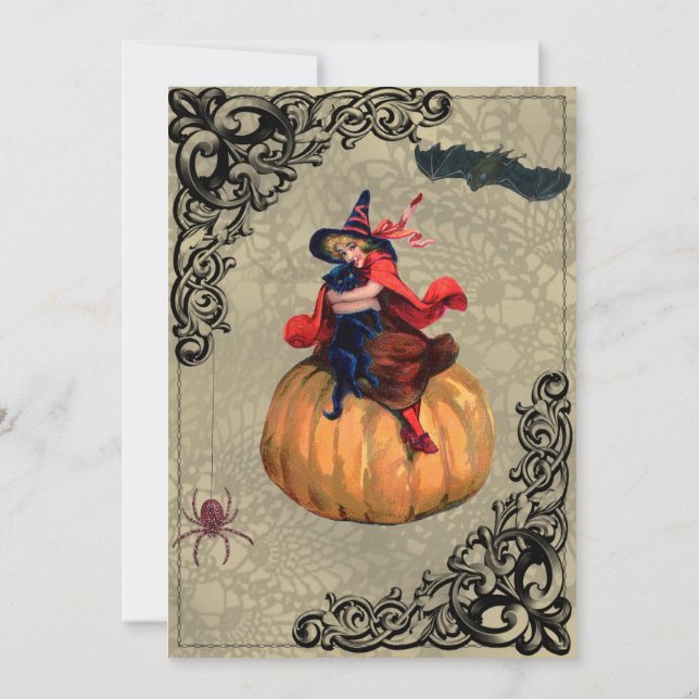 Vintage Witch on Pumpkin Collage Invitation (Back)