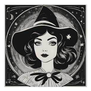 Vintage Witch Portrait Black and White Retro Poster