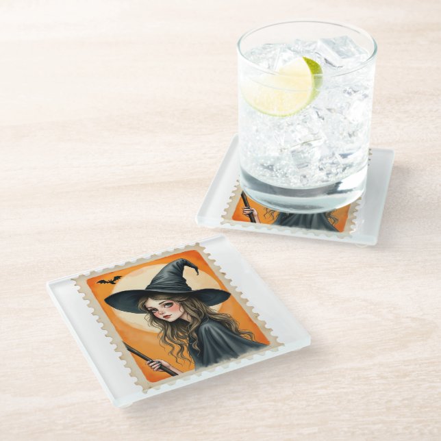 Vintage Witch Postage Stamp Glass Coaster (Angled)