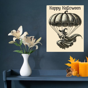 Vintage Witch & Pumpkin Parachute Halloween Poster