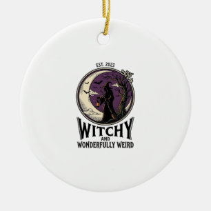 Vintage Witch Shirt With Spooky Moon Halloween Art Ceramic Ornament