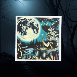 Vintage Witch stirring a Cauldron Halloween Party Napkin