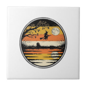 Vintage Witch Sunset Halloween Vector Design_1 Ceramic Tile