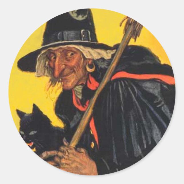 Vintage Witch with black cat Classic Round Sticker (Front)