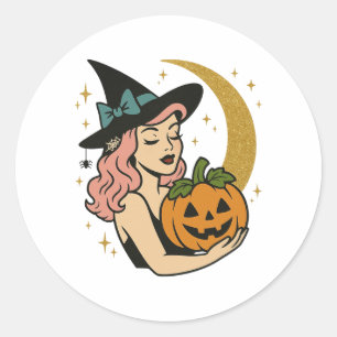 Vintage Witch with Pumpkin Halloween Classic Round Sticker