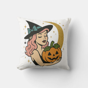Vintage Witch with Pumpkin Halloween Cushion