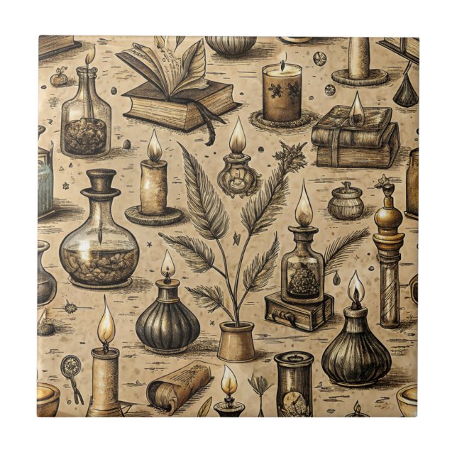 Vintage Witchcraft Books & Candles Pattern Ceramic Tile (Front)