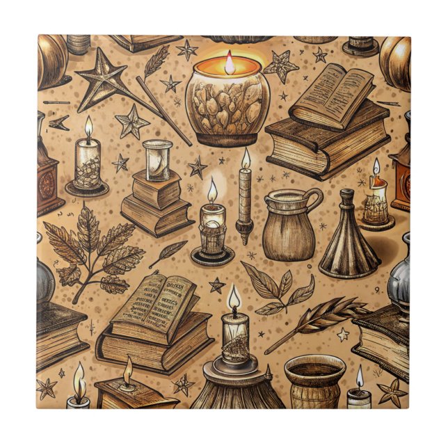 Vintage Witchcraft Books & Candles Pattern Ceramic Tile (Front)