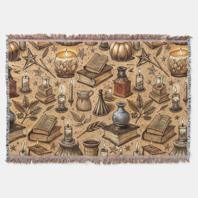 Vintage Witchcraft Books & Candles Pattern Throw Blanket (Front)