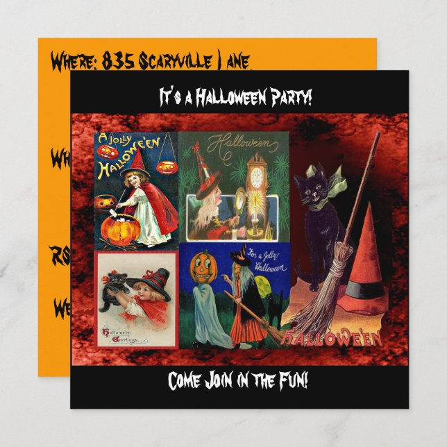 Vintage Witches and Black Cats Collage Invitation (Front/Back)