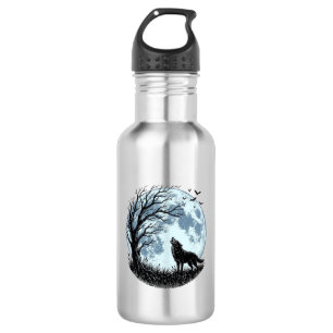 Vintage Wolf Howling Moon Tree Silhouette Design_1 532 Ml Water Bottle