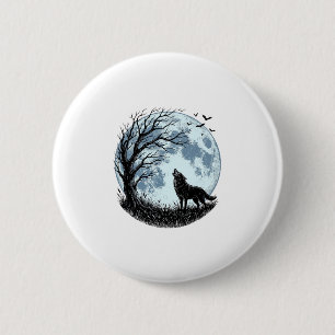 Vintage Wolf Howling Moon Tree Silhouette Design_1 6 Cm Round Badge