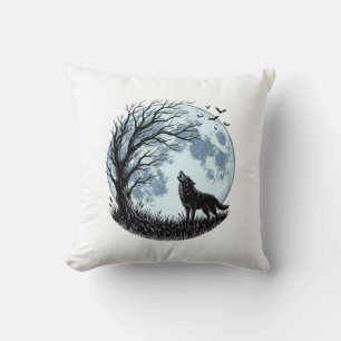 Vintage Wolf Howling Moon Tree Silhouette Design_1 Cushion