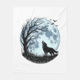 Vintage Wolf Howling Moon Tree Silhouette Design_1 Fleece Blanket