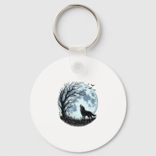 Vintage Wolf Howling Moon Tree Silhouette Design_1 Key Ring