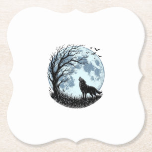 Vintage Wolf Howling Moon Tree Silhouette Design_1 Paper Coaster