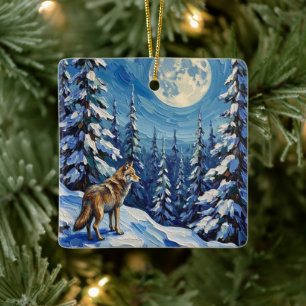 Vintage Wolf in Moonlit Winter Forest Christmas Ceramic Ornament