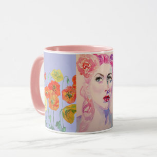 Vintage Woman 1940's Hair Poppies Watercolor Mug