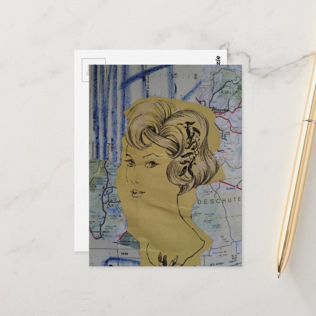 Vintage Woman and a Map Mixed Media  Postcard (Front/Back In Situ)